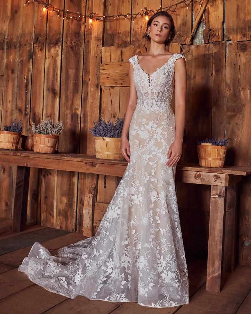 La24105 lace mermaid style wedding dress with sleeves and v neck2